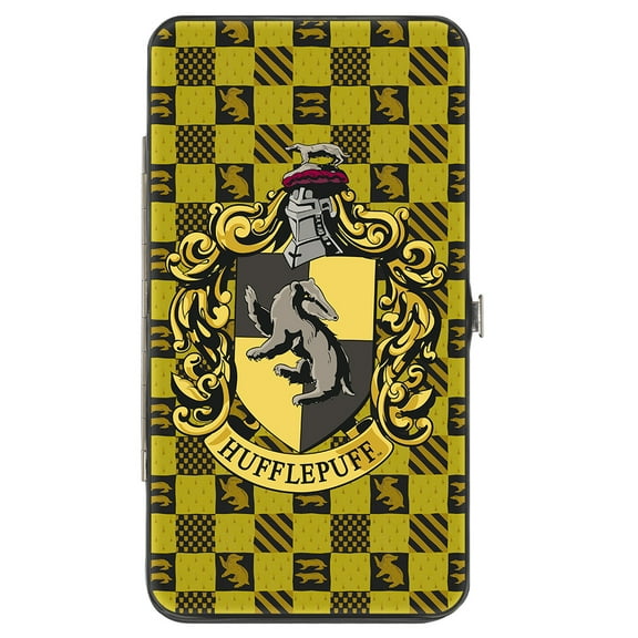The Wizarding World of Harry Potter Wallet, Hinged, Harry Potter Hufflepuff Crest Heraldry Checkers Golds Black, Vegan Leather