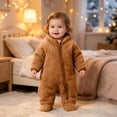 thumbnail image 4 of kids Fleece Footed Onesie Full-Zip Warm Daily Wear Jumpsuit Brown 6-12 Months, 4 of 9