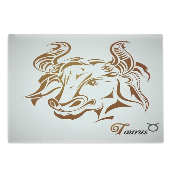 Zodiac Taurus Cutting Board, Animal Face with and Design Horoscope Style Art Print, Decorative Tempered Glass Cutting and Serving Board, Large Size, Pale Brown Pale Grey, by Ambesonne