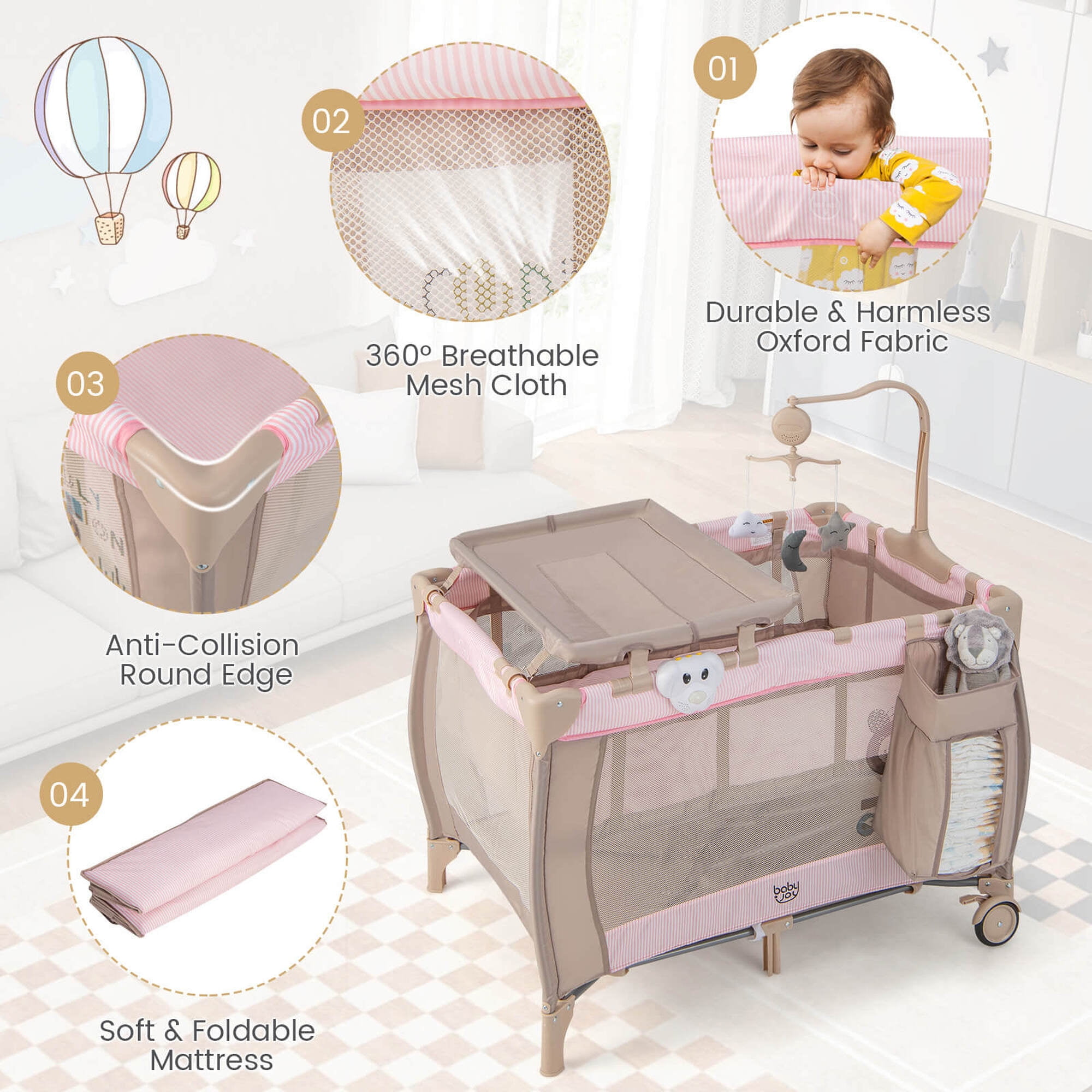 Costway Portable Baby Playard Nursery Center Crib with Hanging Toys & Music Box Pink