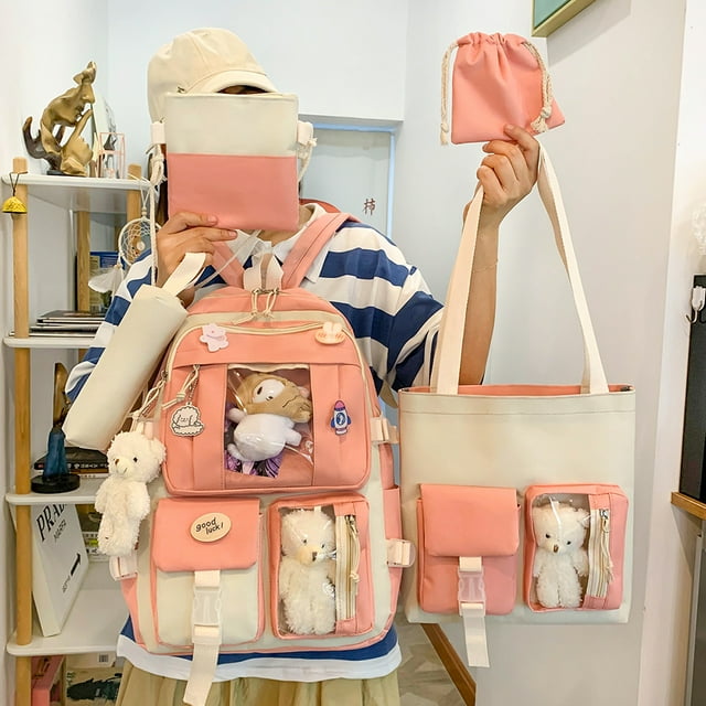 Bolsa Bolso 5 uds. Mochila Kawaii para mujer, bonita mochila coreana para estudiante y niña, conjuntos de de libros