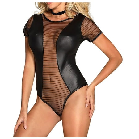 

RPVATI Womens Sexy Leather Lingerie Babydoll Hollow Out Solid One Piece Bodysuit