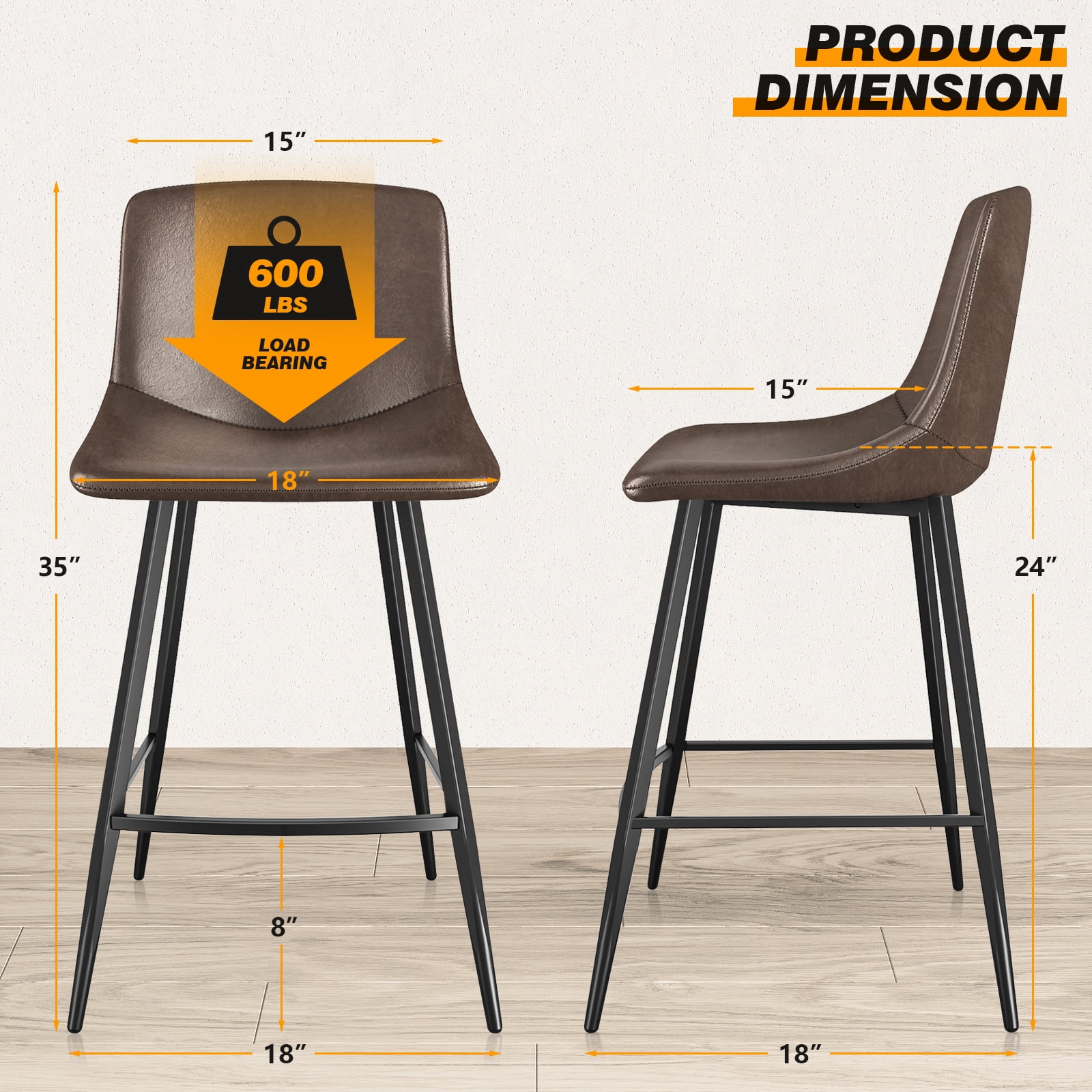 TAVR Furniture 600 lbs Counter Height Bar Stools Set of 3, 24 inch Faux Leather Barstools with Back, Bar Chairs with Metal Legs for Kitchen Island, Dining Room, Brown
