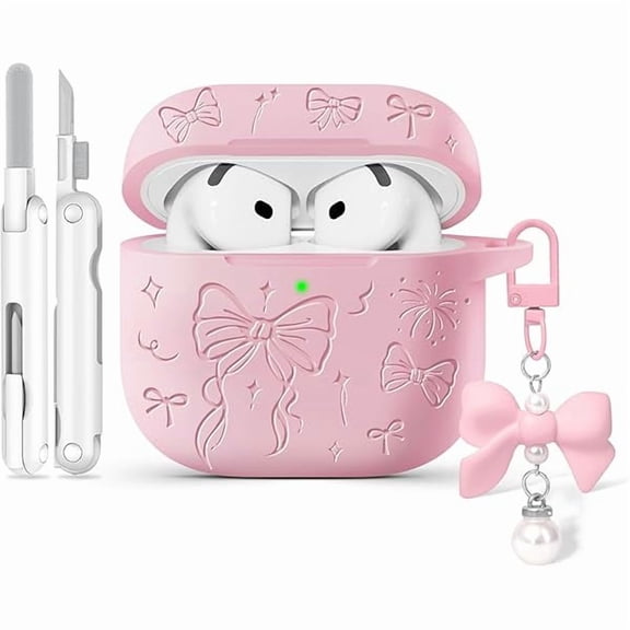 mjw001 for Airpods 4 Case Cover, Joremx Cute Bow Engraved Silicone Protective Case Cover with Keychain, Cleaner Kit for AirPods 4th Generation Case 2024 (Sakura Pink)