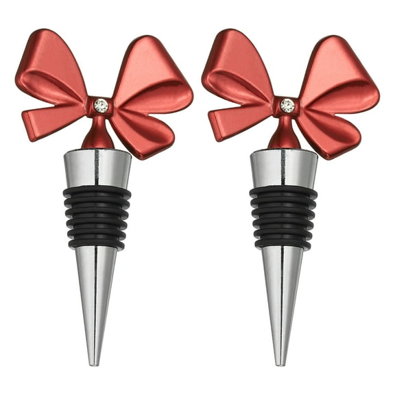 Uxcell 2 Pcs Bow Wine Stopper, Reusable Wine Stoppers Airtight Leak-proof Bottle Plugs Liquor Saver Beer Beverage Glass Bottles Stopper for Bar Holiday Party Home Decor, Silver-Red