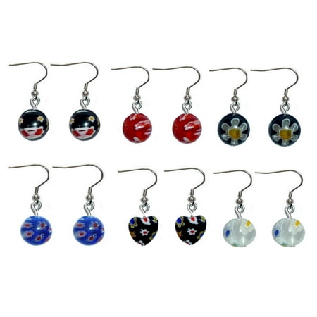 - Millefori Beaded Dangle Earrings, Surgical Stainless Steel French wire Women's 6 Sets of beaded earrings in Gift Box.