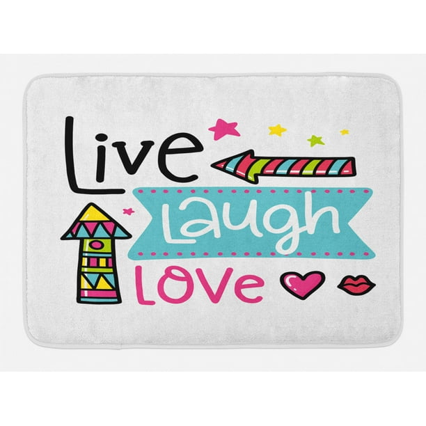 Live Laugh Love Bath Mat, Lively Colors Cartoon Arrows with Geometric