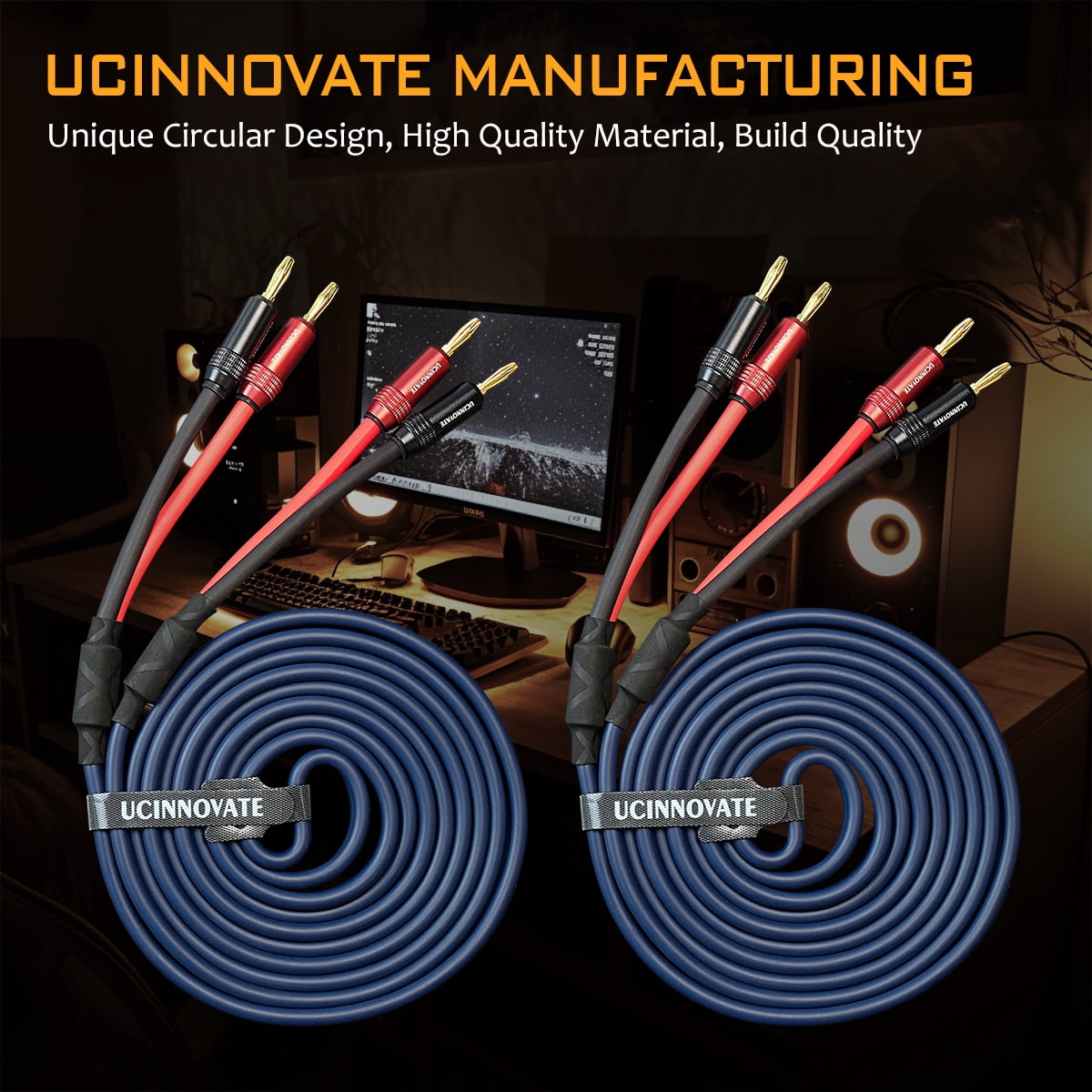 UCINNOVATE 2 Pack Bi-Wire Speaker Cable with Gold Plated Banana Plugs, 13 AWG HiFi OFC Audio Terminal Speaker Wire for Sound System Home Theater, Bi-Amp, Subwoofer, Audiophile(1.5m/4.9FT)