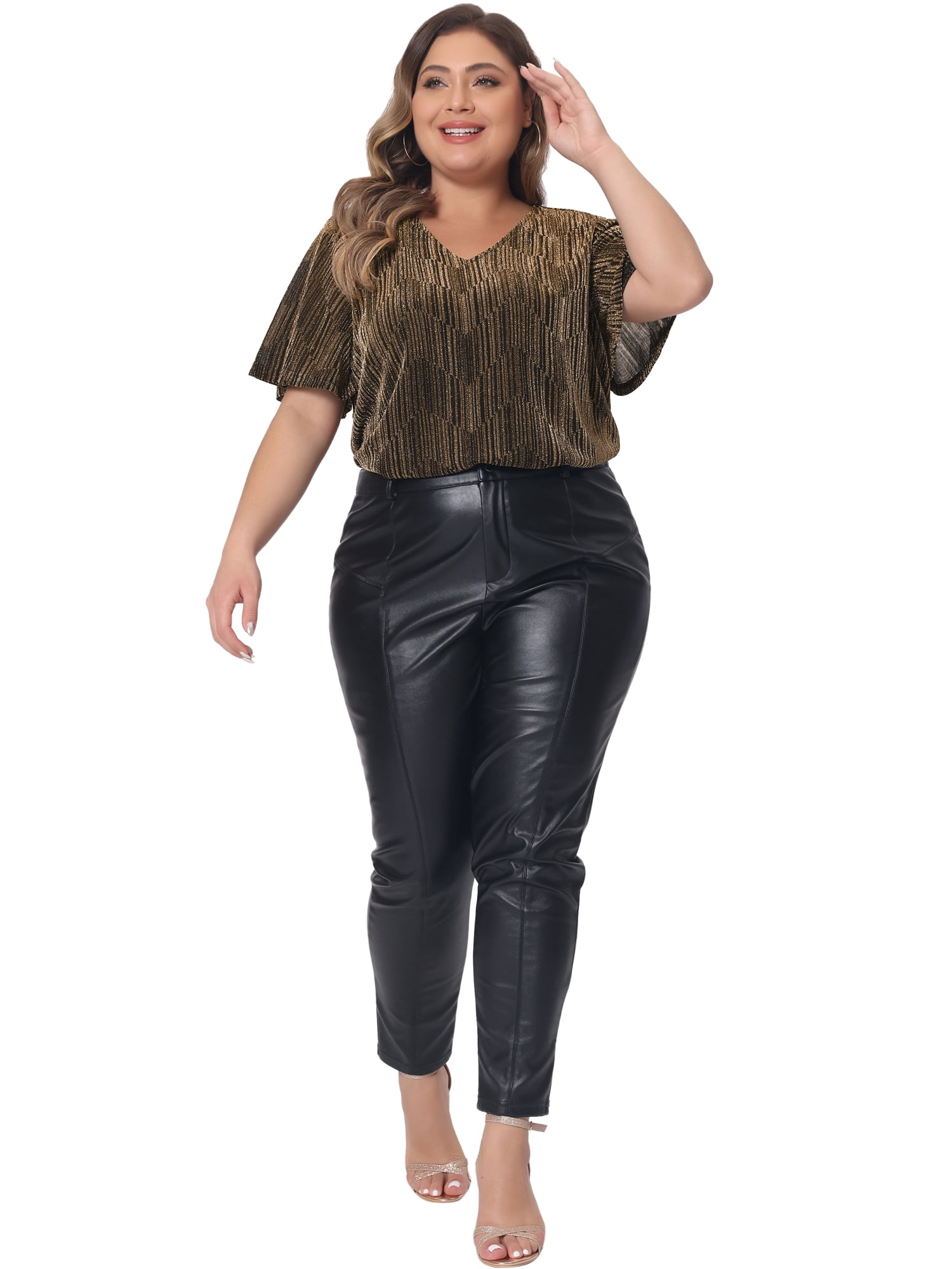 Women's Plus Metallic Tops V Neck Short Sleeve T-Shirt Party Top Glitter Blouses 5X Gold