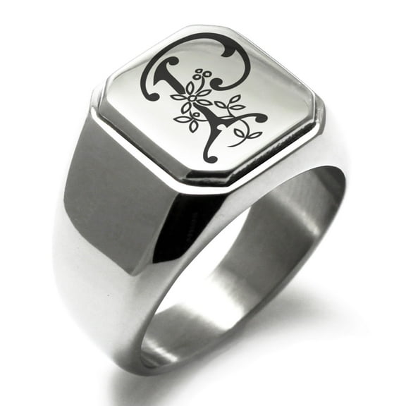Stainless Steel Letter P Initial Floral Monogram Engraved Engraved Square Flat Top Biker Style Polished Signet Ring