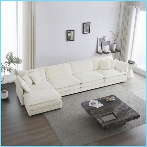 Modern White Chenille 5-Seater Modular Sectional Sofa with Ottoman - Convertible U-Shaped Couch for Living Room