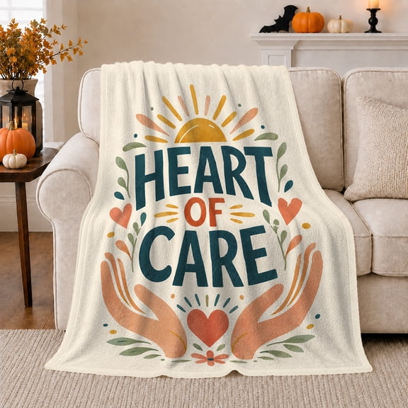 Heart Of Care Social Worker Appreciation, Cozy Typography Art Scene, Warm Flannel Blanket for Living Room and Reading Nook, Art Lovers Thank You Gift, Artistic Home Decor