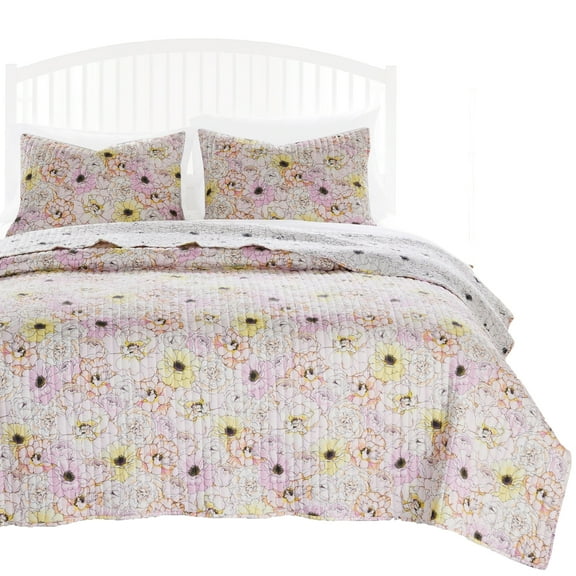 Milan 3 Piece Microfiber Blooming Flower Pattern Queen Quilt Set, White and Pink- Saltoro Sherpi