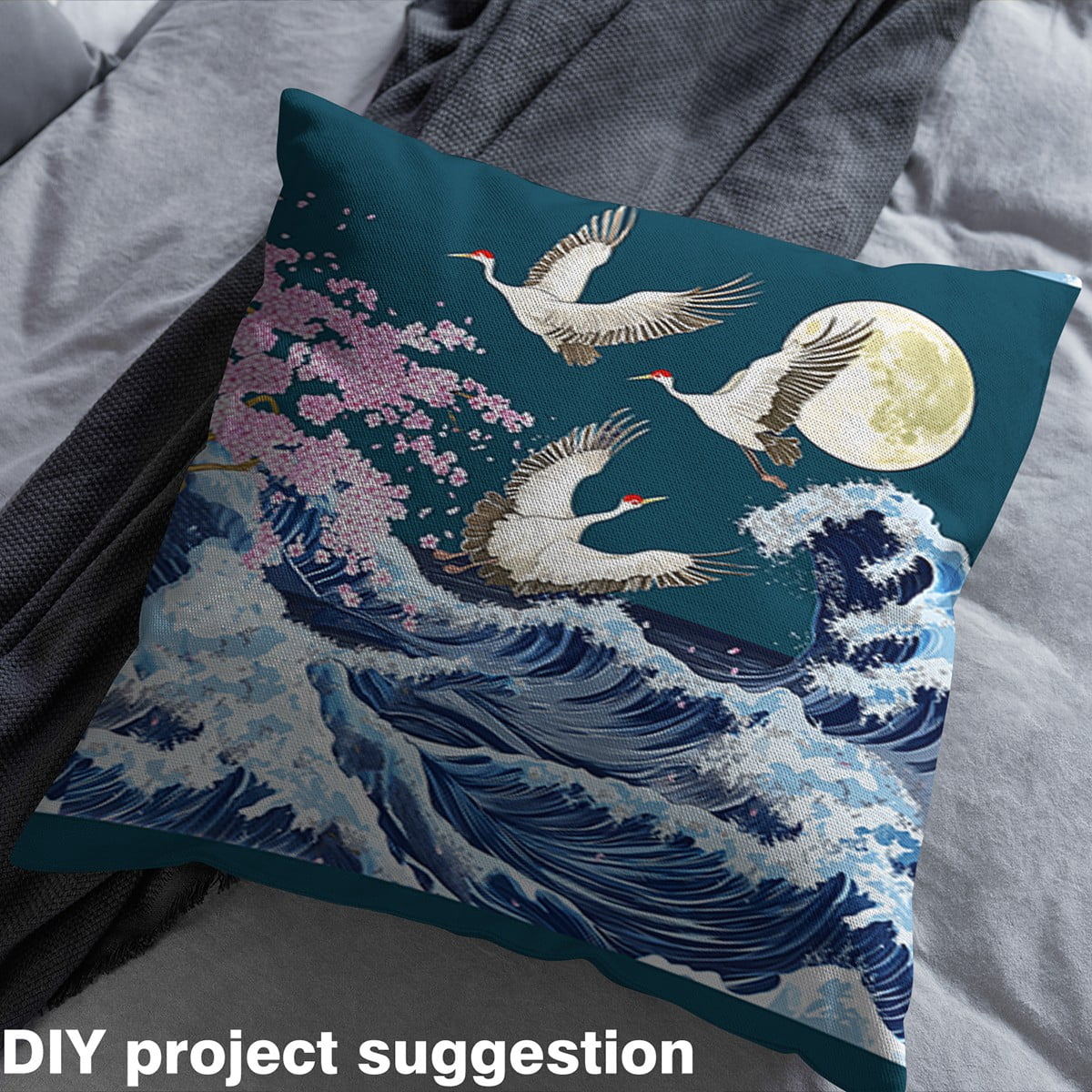 Manfei Japanese Ukiyoe Sewing & Crafting Fabric (2 Yards), Oriental Crane Print Home Decor Fabric by the Yard, Ocean Wave Moon DIY Fabric