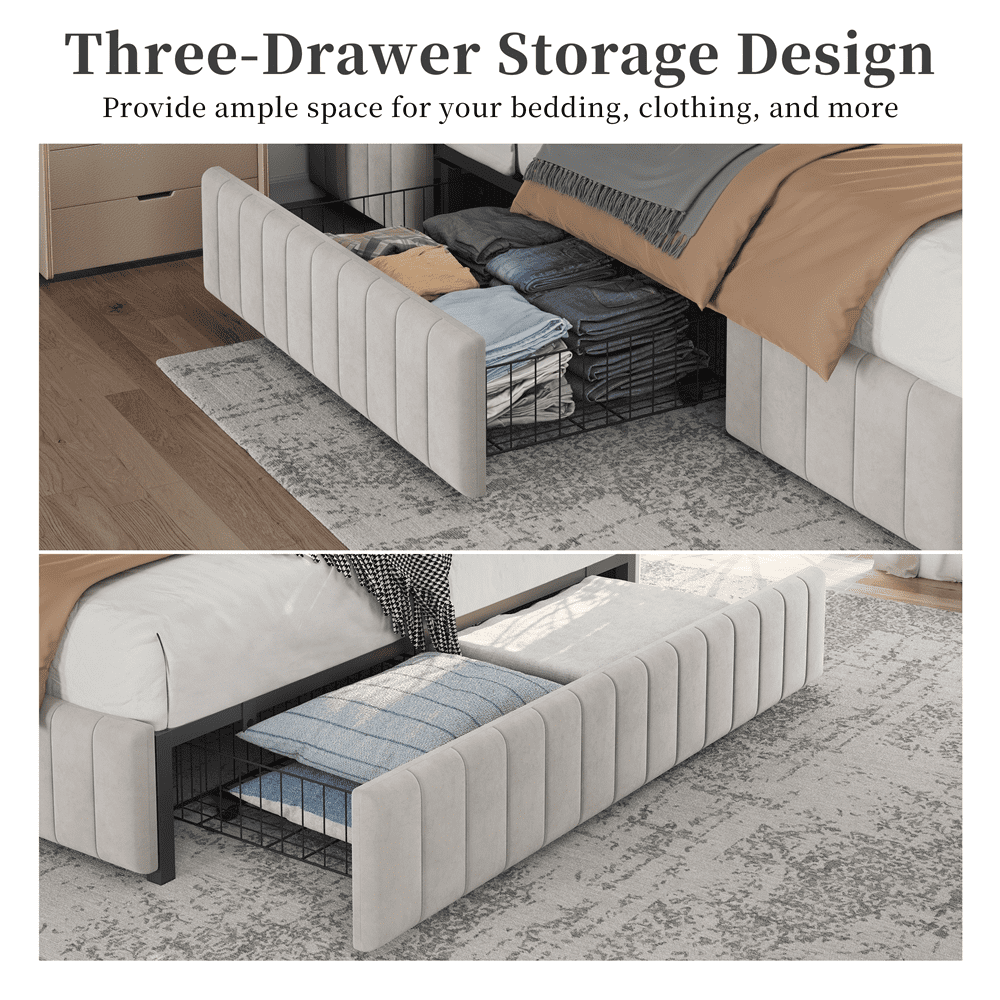 Fullfurnique Upholstered Platform Bed Frame with Three Storage Drawers, Queen, Beige