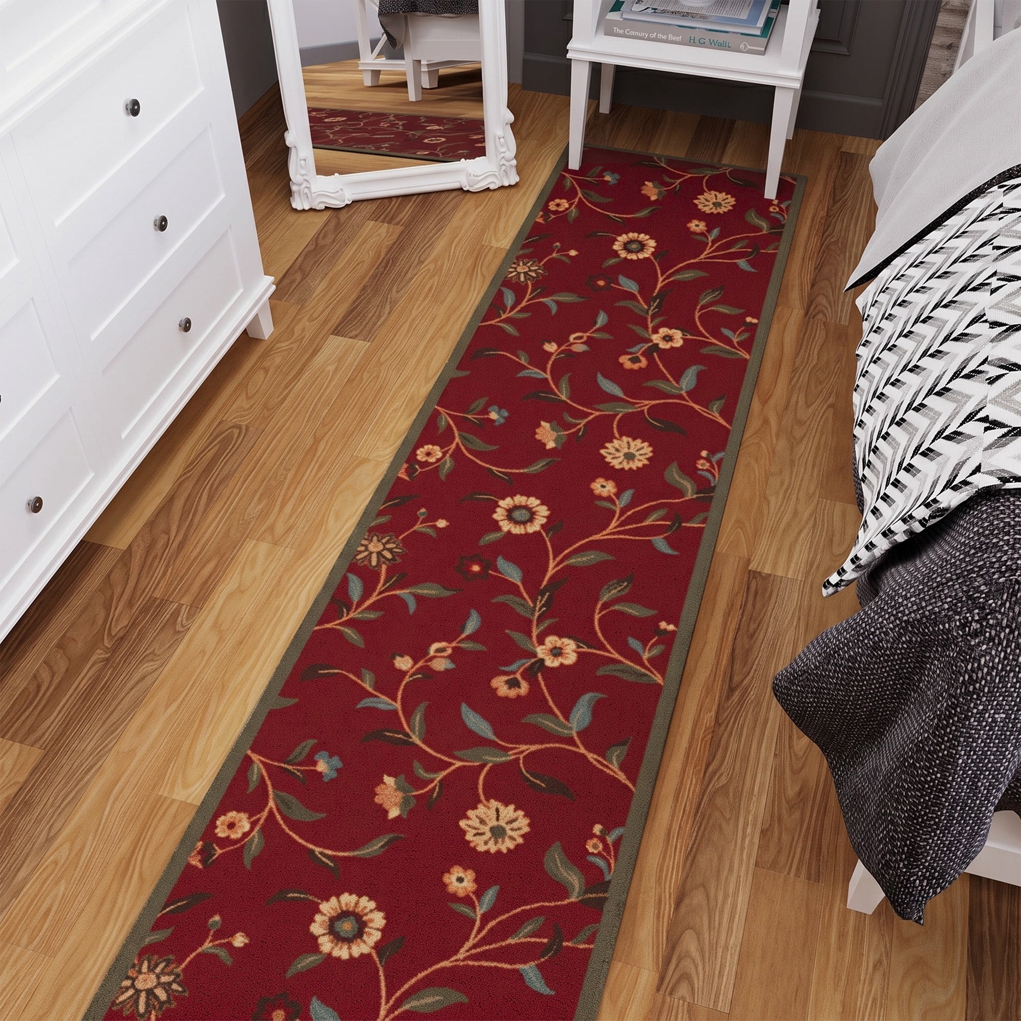 Ottomanson Extra Long Runner Rug 1'10.5" x 25' – Non-Slip Low Pile Hallway Carpet, Floral Red