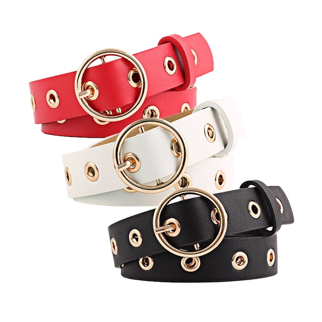 Cinturón de cuero para mujeres INSPIRE CHIC para jeans y pantalones de vestir con remaches y ojales, con hebilla de metal en forma de círculo, hasta 35 pulgadas, negro+rojo+blanco