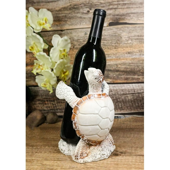 Nautical Marine Distressed Antique White Sea Turtle Wine Bottle Holder Figurine