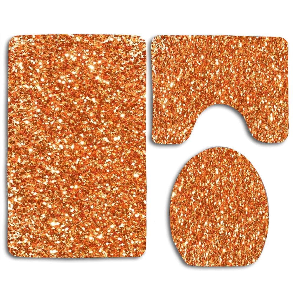 PUDMAD Orange Glitter Sparkle 3 Piece Bathroom Rugs Set Bath Rug Contour Mat and Toilet Lid Cover