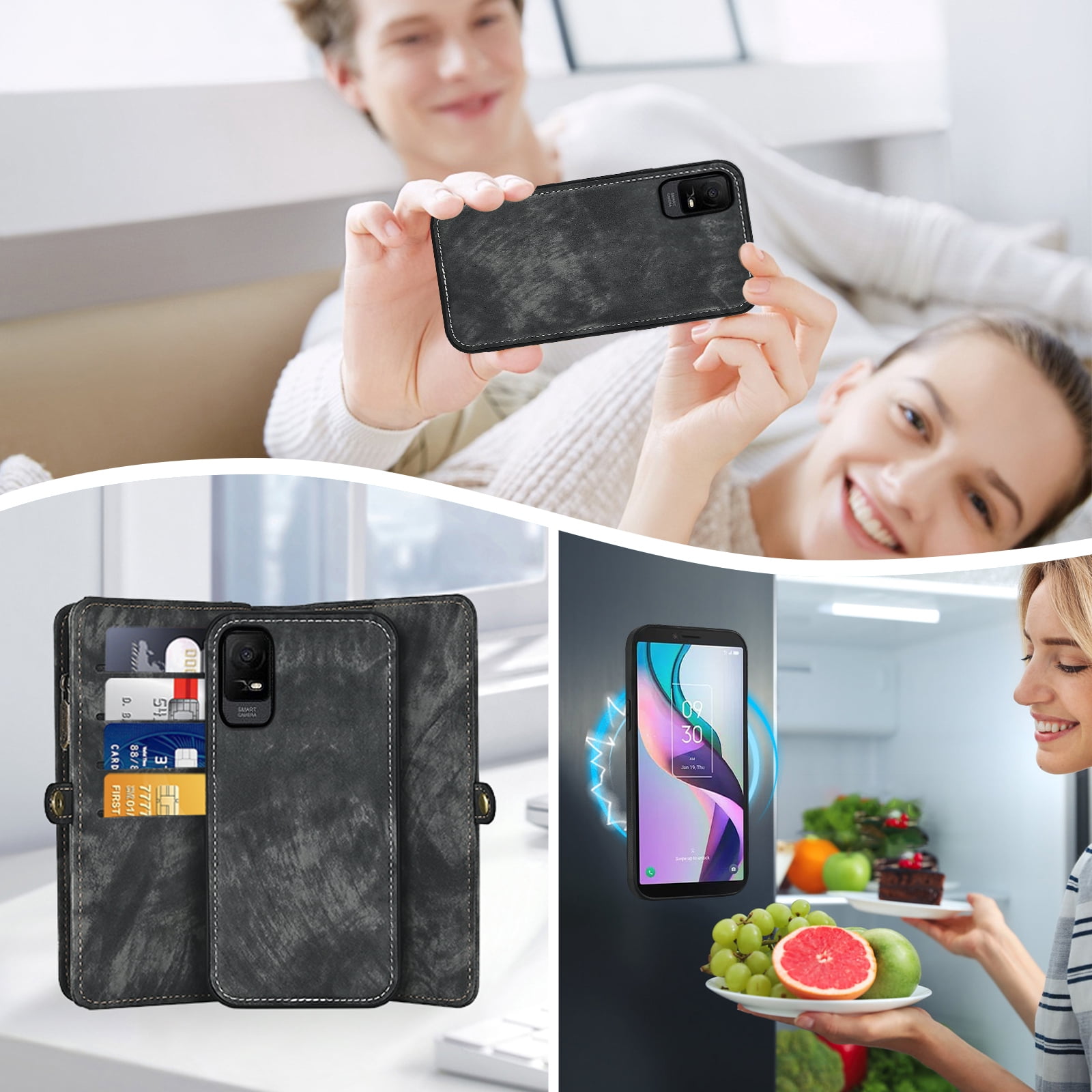 Asuwish Phone Case for Metro TCL Ion X/Ion V/40Z T607DL Zipper Wallet Detachable Cell Cover with Tempered Glass Screen Protector Crossbody Strap Flip Card Holder Slot IonX T430W IonV 2023 Women Black
