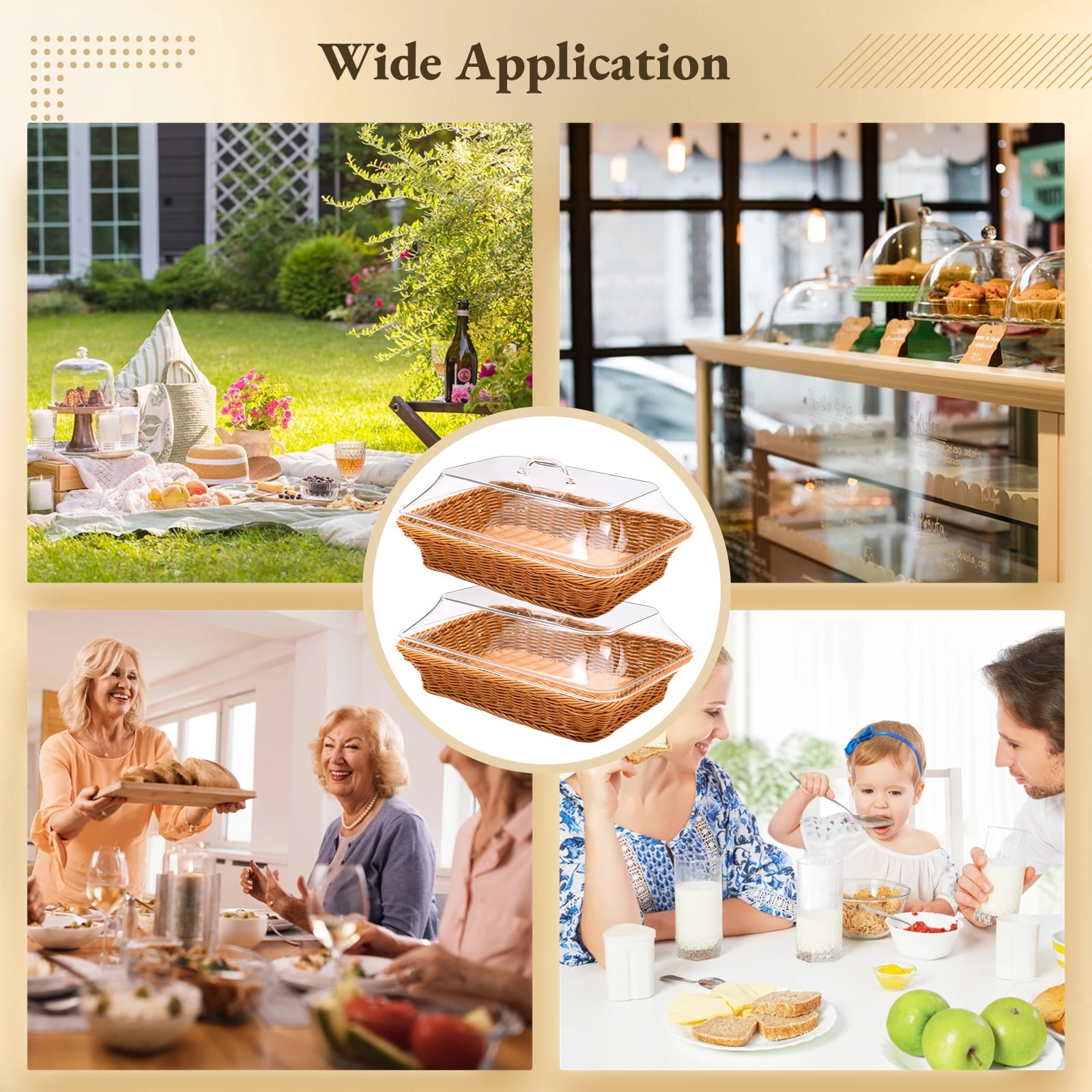 2 PCS Imitation Rattan Bread Baskets, Wicker Bread Baskets with Acrylic Lids, Woven Bread Basket with Dustproof Cover, Fruit Tray, Rattan Food Serving Tray for Kitchens, Dining Tables, Restaurants