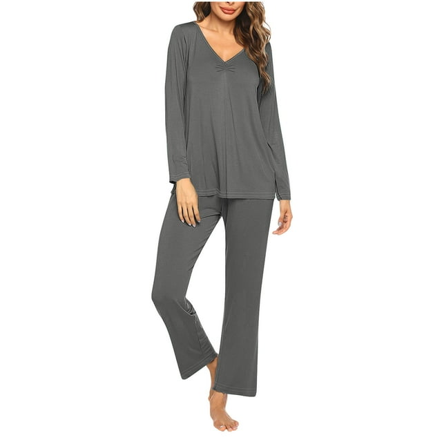 Timegard Ensembles de Pyjamas pour Femmes 2 Pcs Manches Longues Col en V Haut Froncé et Pantalon Automne Décontracté Doux Tenues de Pjs