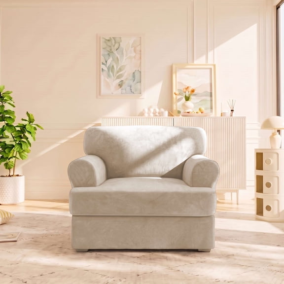H.VERSAILTEX 2-Piece Velvet T Cushion Armchair Slipcover, Stretch 1 Cushion Sofa Cover with Separate T Cushion Cover, Non-Slip Furniture Protector, Ivory
