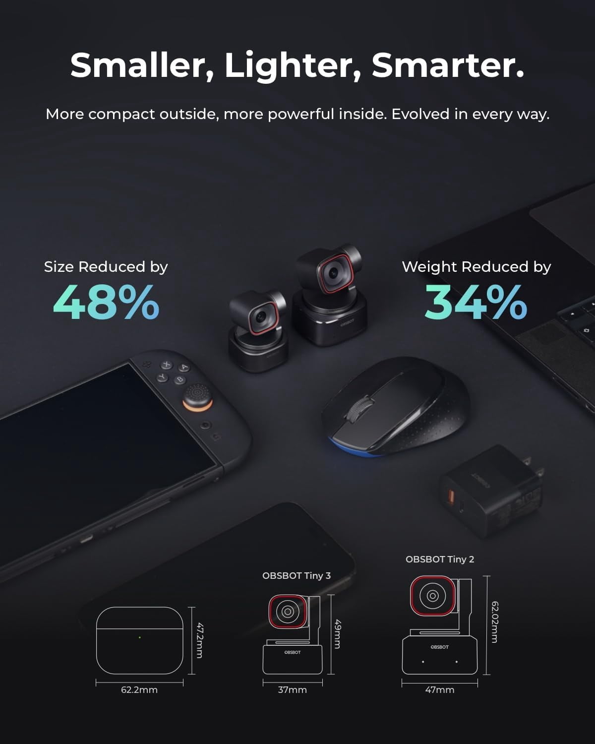 OBSBOT Tiny 3 AI-Powered Spatial Audio 4K Webcam, AI Tracking PTZ Camera with 1/1.28" Sensor