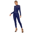 thumbnail image 2 of Sinleey Womens Full Body Jumpsuit Figure Skating Gymnastics Leotard Rhinestone Open Back Mesh Unitard Navy Blue L, 2 of 7