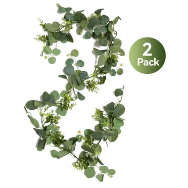 Qissep 2 Pcs Artificial Eucalyptus Garland with Flowers,Hanging Plants,Faux Silver Dollar Eucalyptus Greenery Garland Vines for Home Wedding Party Wall Decor,5.91 ft
