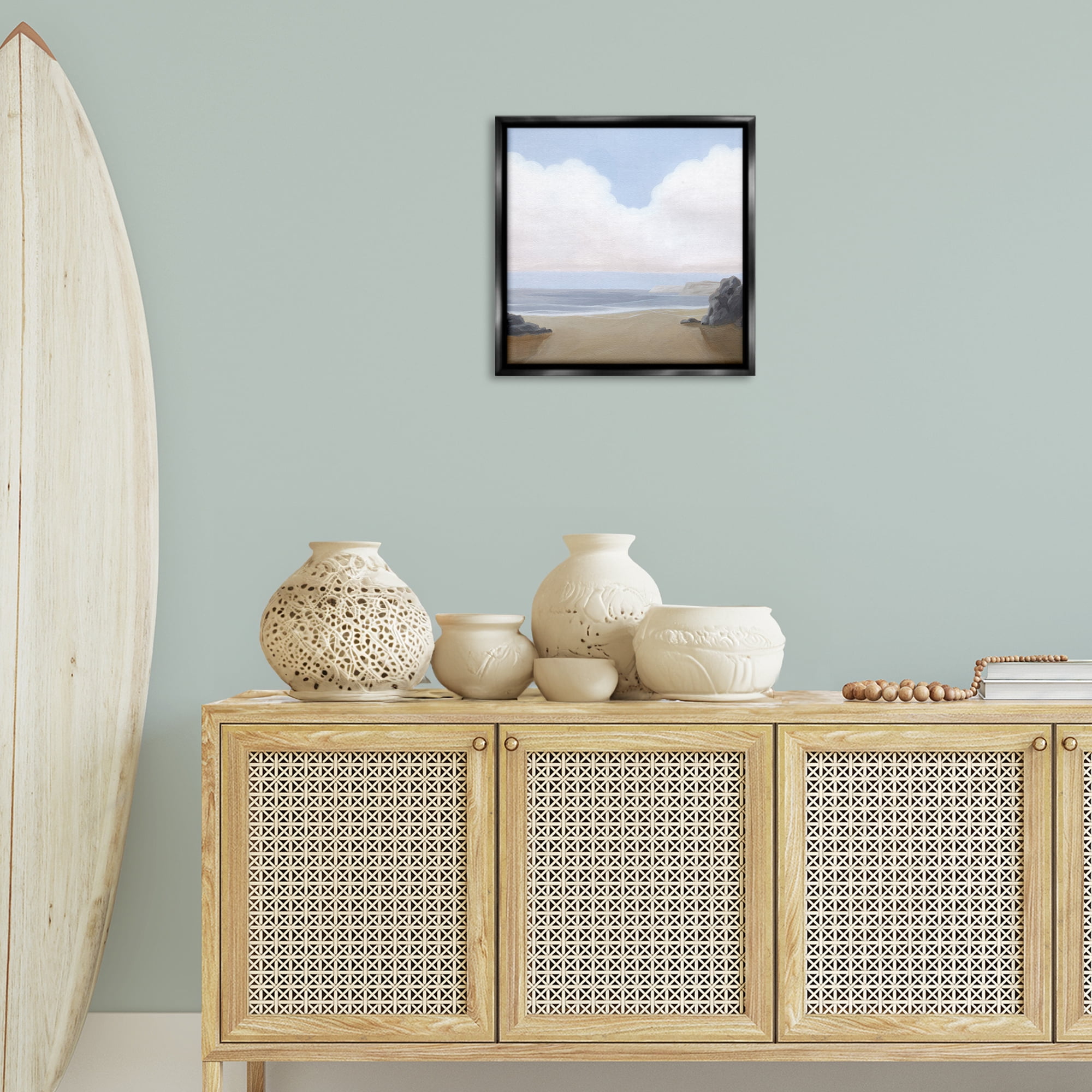 Stupell Industries Soft Clouds Over Beach Landscape Painting Black Floater Framed Canvas Art Print Wall Art, 18 x 18