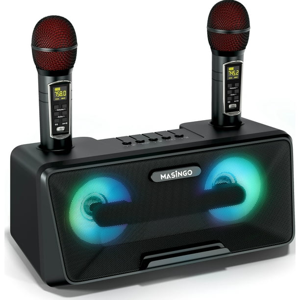 MASANGO Machine de karaoké pour adultes et enfants avec 2 microphones sans  fil, haut-parleur portable Bluetooth, lumières LED colorées, système de