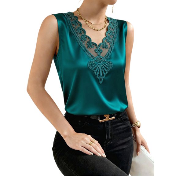Women's Satin Contrast Lace V Neck Sleeveless Blouse Appliques Summer Tank Tops Green S