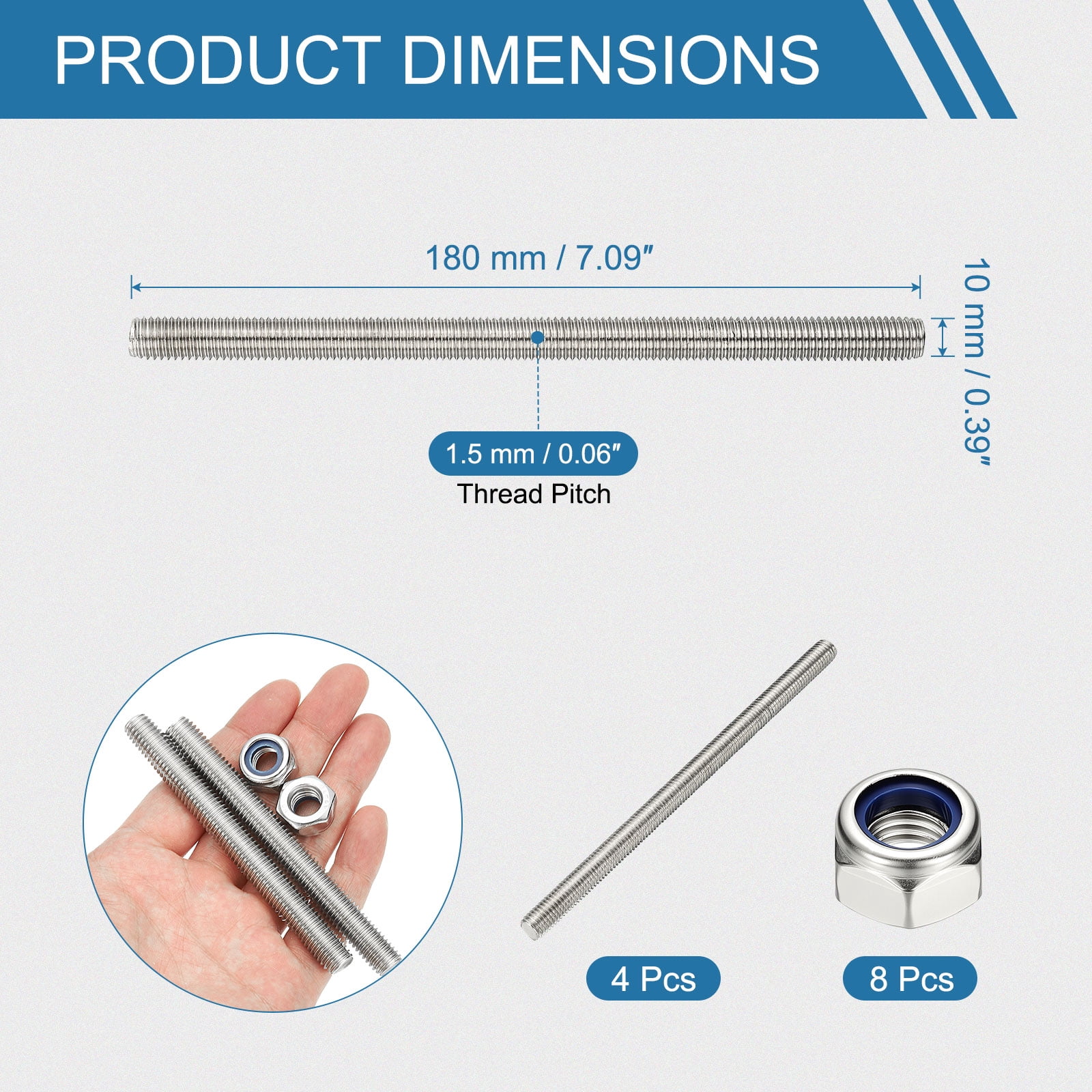 Uxcell Fully Threaded Rod, M10 x 180mm 304 Stainless Steel Right Hand Thread Bar Studs with Nuts, 4 Pcs