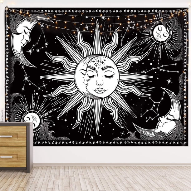 Tapiz de pared HOTMIR - Tapiz de misterio para colgar en la pared en blanco y negro como arte de pared y decoración de habitación para dormitorio, sala de estar, dormitorio - Impreso con borlas (51.2x59.1 pulgadas, 130x150cm) Ormromra WMPH-1833-2