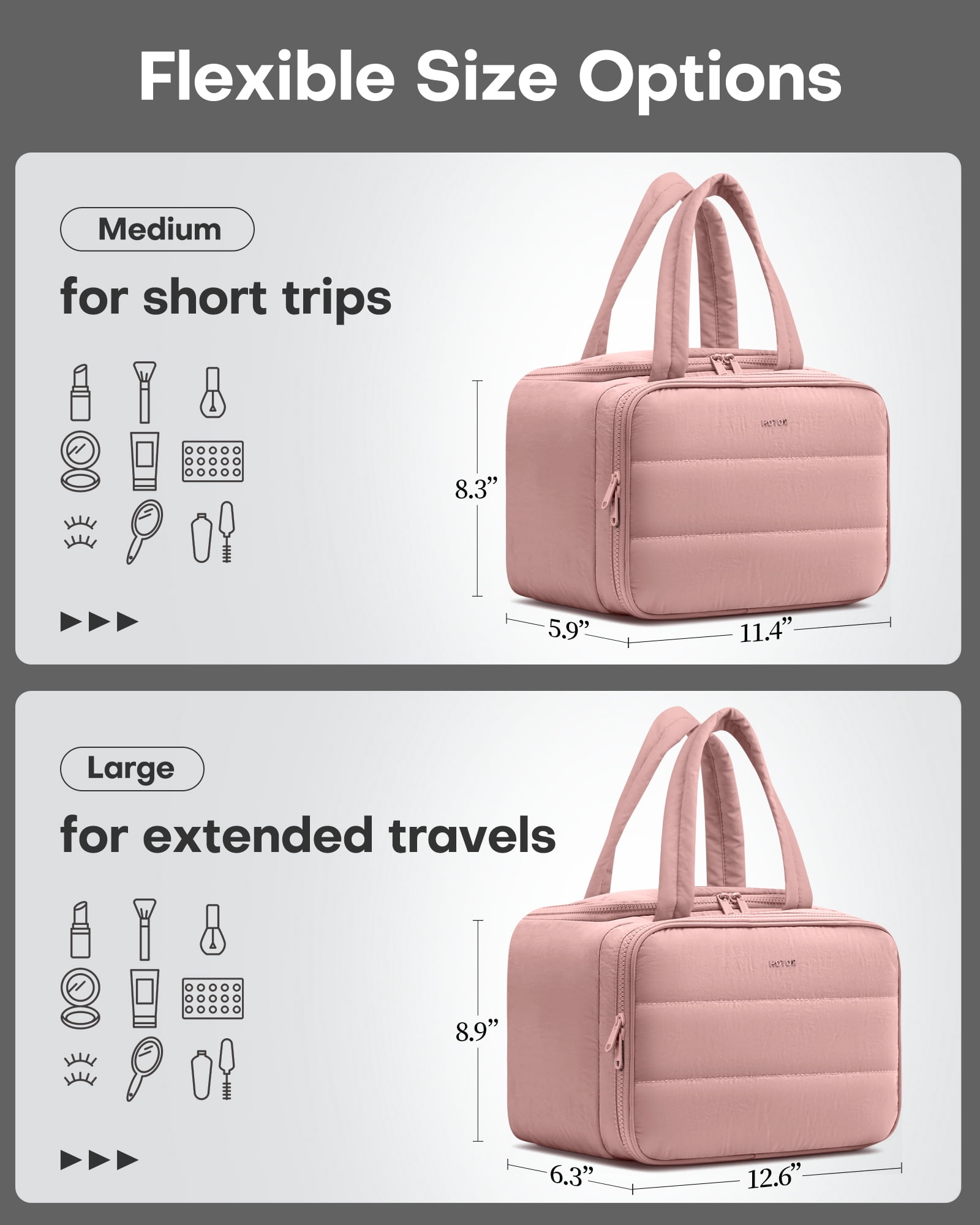 HOTOR Toiletry Bag for Women, Travel Size Toiletry, Wide-Open Makeup Bag with Handle, Wet & Dry Separation, 12.5" x 6.2" x 8.8", Dark Pink