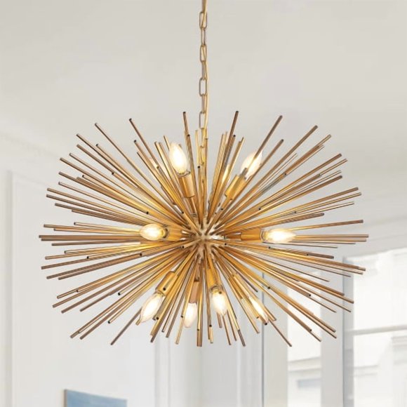 Lámpara Starburst moderna de 12 luces de mediados del siglo de 29 pulgadas - luminaria colgante Sputnik de oro para sala de estar, comedor o vestíbulo