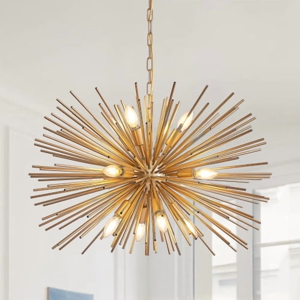 Lámpara Starburst moderna de 12 luces de mediados del siglo de 29 pulgadas - luminaria colgante Sputnik de oro para sala de estar, comedor o vestíbulo