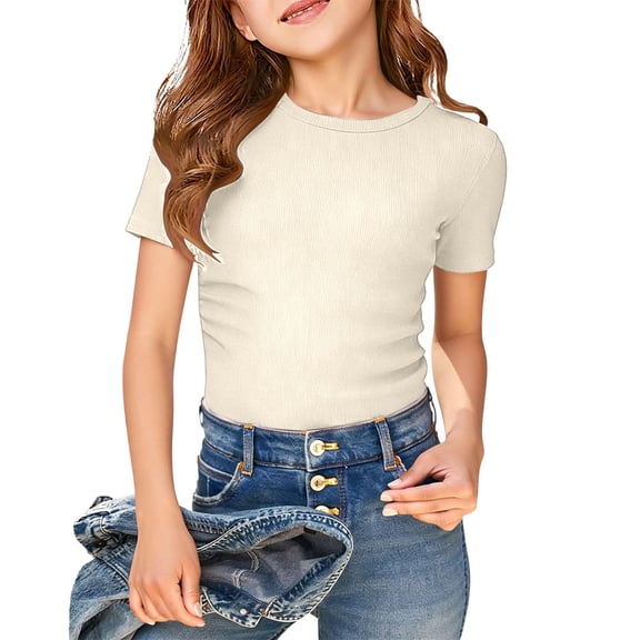 ZHOGXU Toddler Kids Girls T Shirts Short Sleeve Crew Neck Ribbed Solid Color Soft Comfortable Basic Top For Casual Daily Wear,Beige,9-10 Years