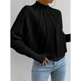 thumbnail image 5 of Women Knitted Bat Sleeve Solid Long Sleeve Mock Neck Sweaters Black S, 5 of 7