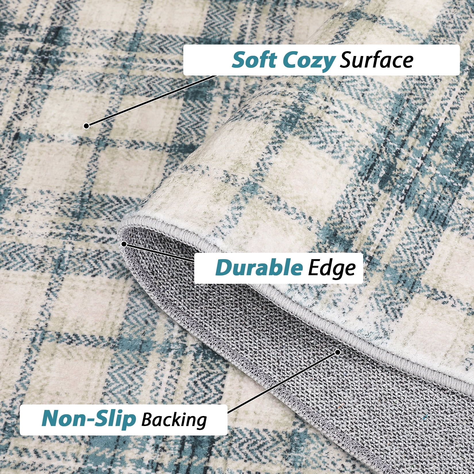 GlowSol 10'x13' Washable Area Rugs for Living Room Modern Farmhouse Plaid Rug Non-Slip Low Pile Large Rug Floor Cover, Beige/Blue