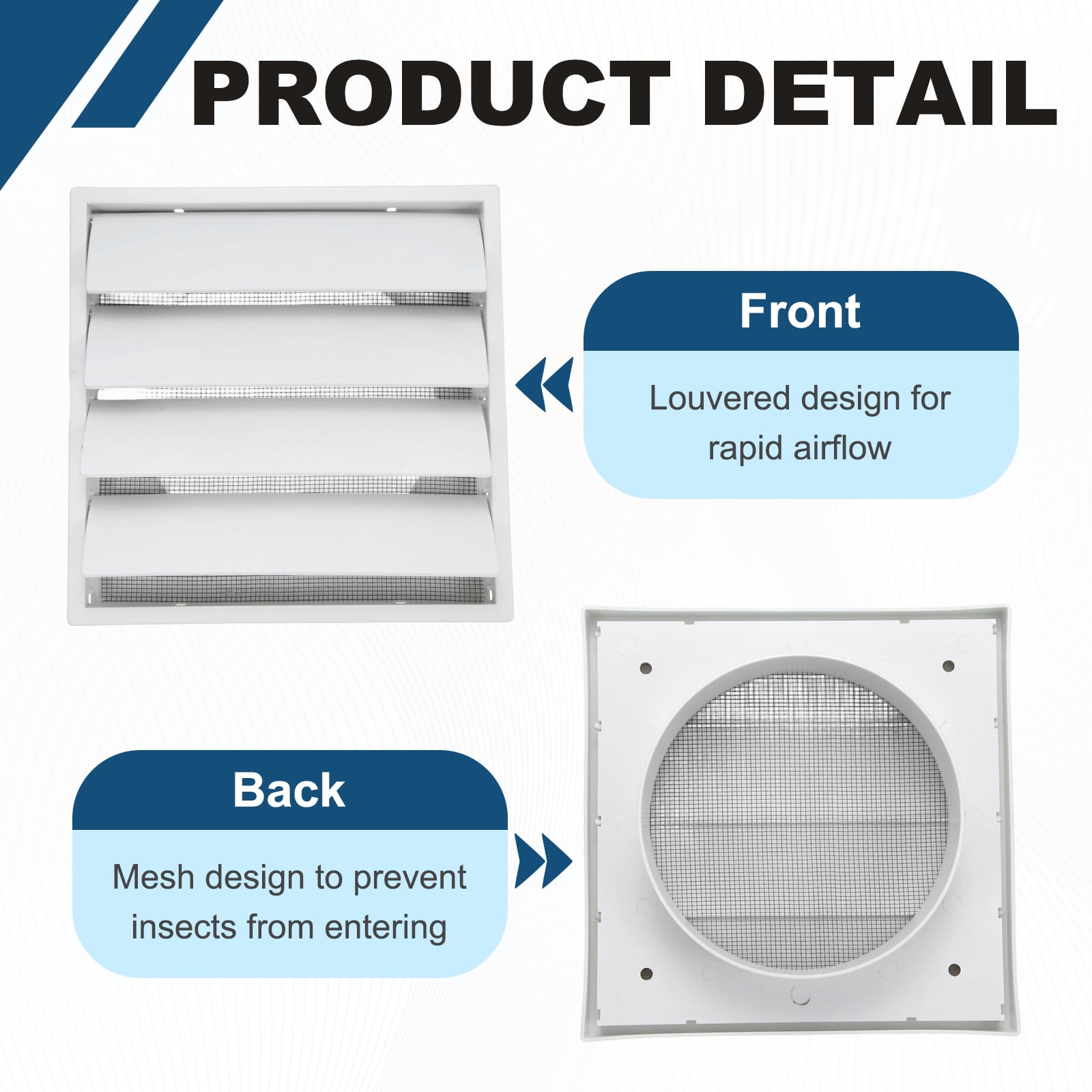 Uxcell 2Set Louvered Exhaust Vent Cover (5" Opening, 6.9"L x 6.9"W) - Air Wall Vent with Dustproof Mesh, Plastic Exhaust Ventilation Grille for Kitchen/Bathroom/Garage, White