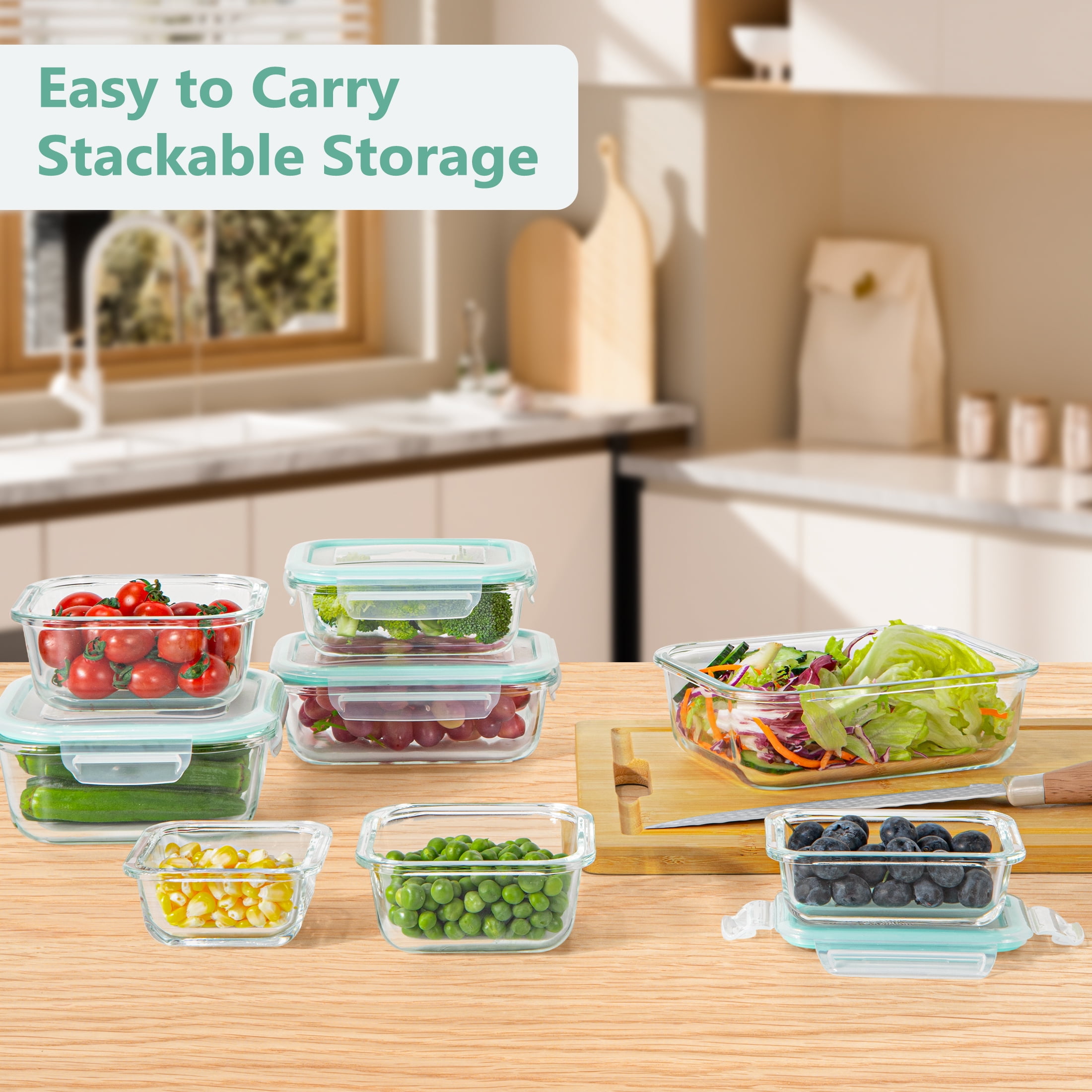 GPED 8 Pack Glass Meal Prep Containers, Food Storage Containers with Lids, Glass Lunch Boxes, Airtight Bento Boxes, for Microwave, Oven, Freezer and Dishwasher Safe, Green