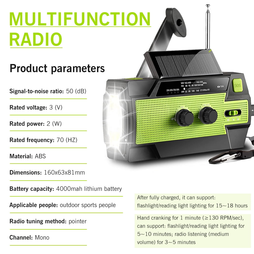 Emergency Radio with Cell Phone Charge, DFITO 4000mah-Solar Hand Crank, Portable Am/Fm Weather Radio, with Flashlight and Reading Light , Equipment