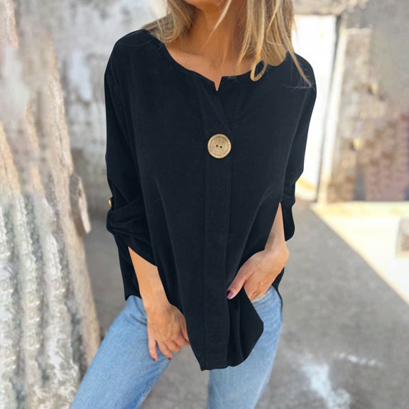 Dxzfnsa Women's Long Sleeved Solid Color Casual Round Neck Top/shirt Womens Fall Clothes Black-XL
