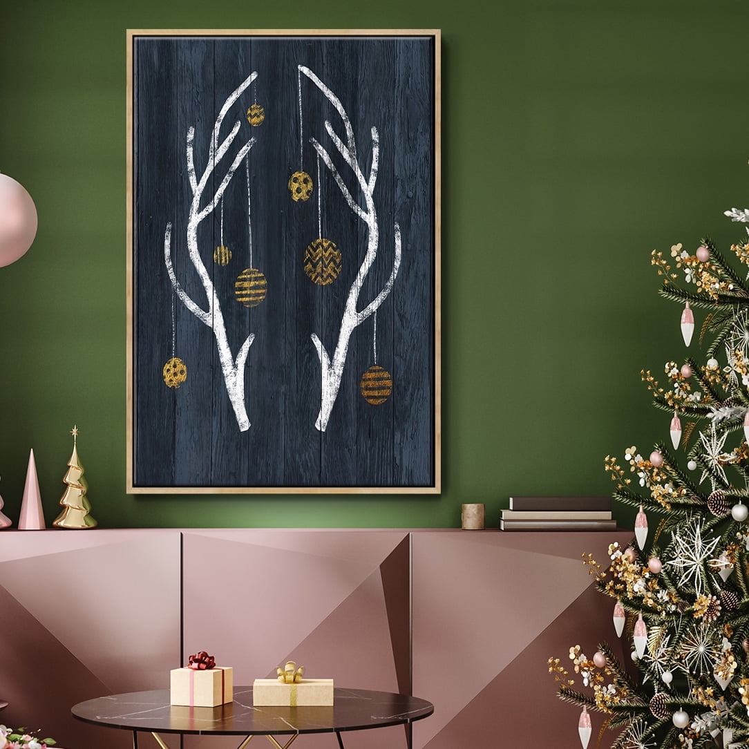 Antlers & Ornaments - Framed Gallery Wrapped Holiday Canvas - 17 x 25 - Natural Wood Frame