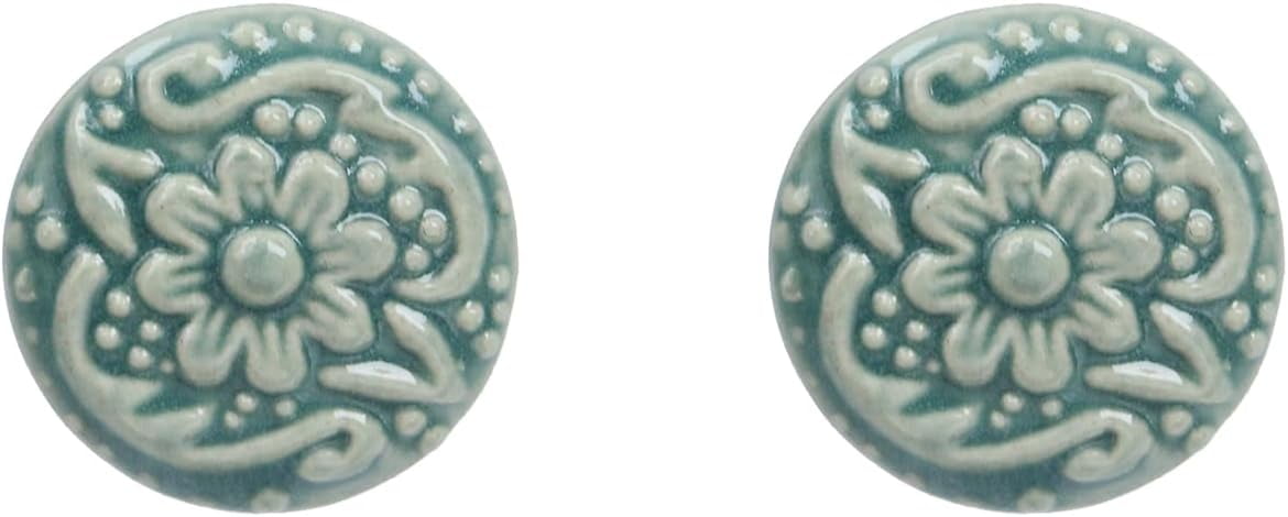 8 Pcs Round Ceramic Drawer Knobs Cabinet Furniture Handle Vintage Flower Pattern Knobs, with Mounting Screws, Green