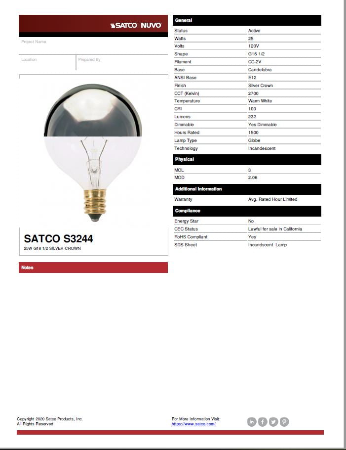 Satco S3244 G16.5 Silver Crown Incandescent Light Bulbs 25W 120V 2700K E12 Candelabra Base Dimmable (25 Pack)