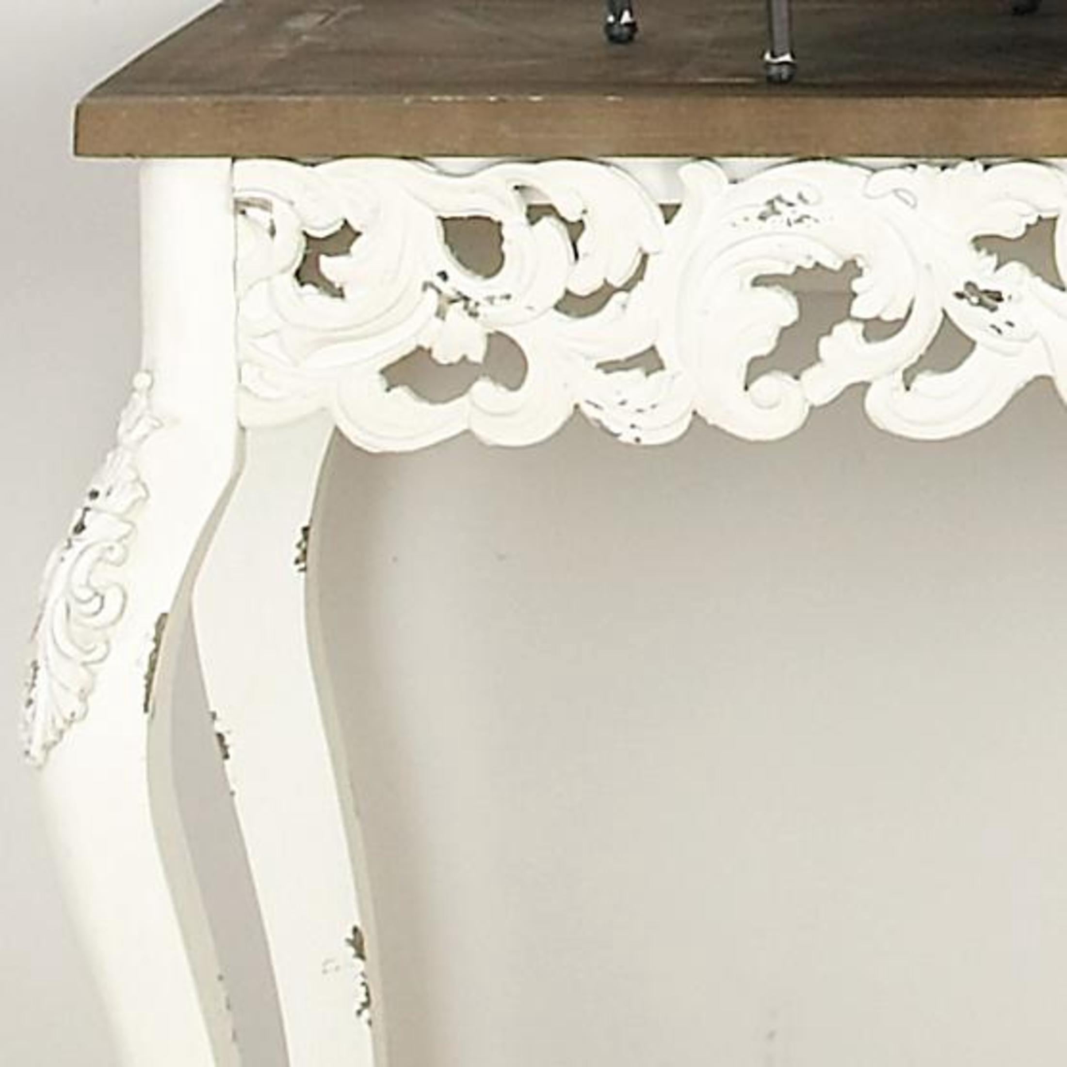 DecMode 46" x 30" White Wood Intricately Carved Scroll Console Table with Brown Wood Top, 1-Piece