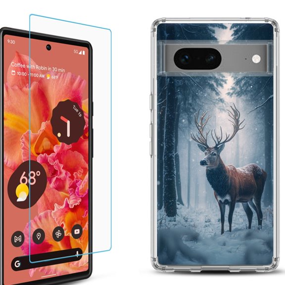 OneToughShield ® for Google Pixel 7a Shockproof Bumper Phone Case, with Tempered Glass Screen Protector - Deer Winter